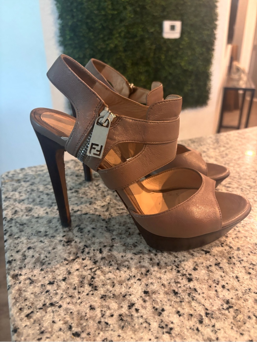 Authentic Fendi Taupe Leather Platform Heel Sandals with Logo Zip